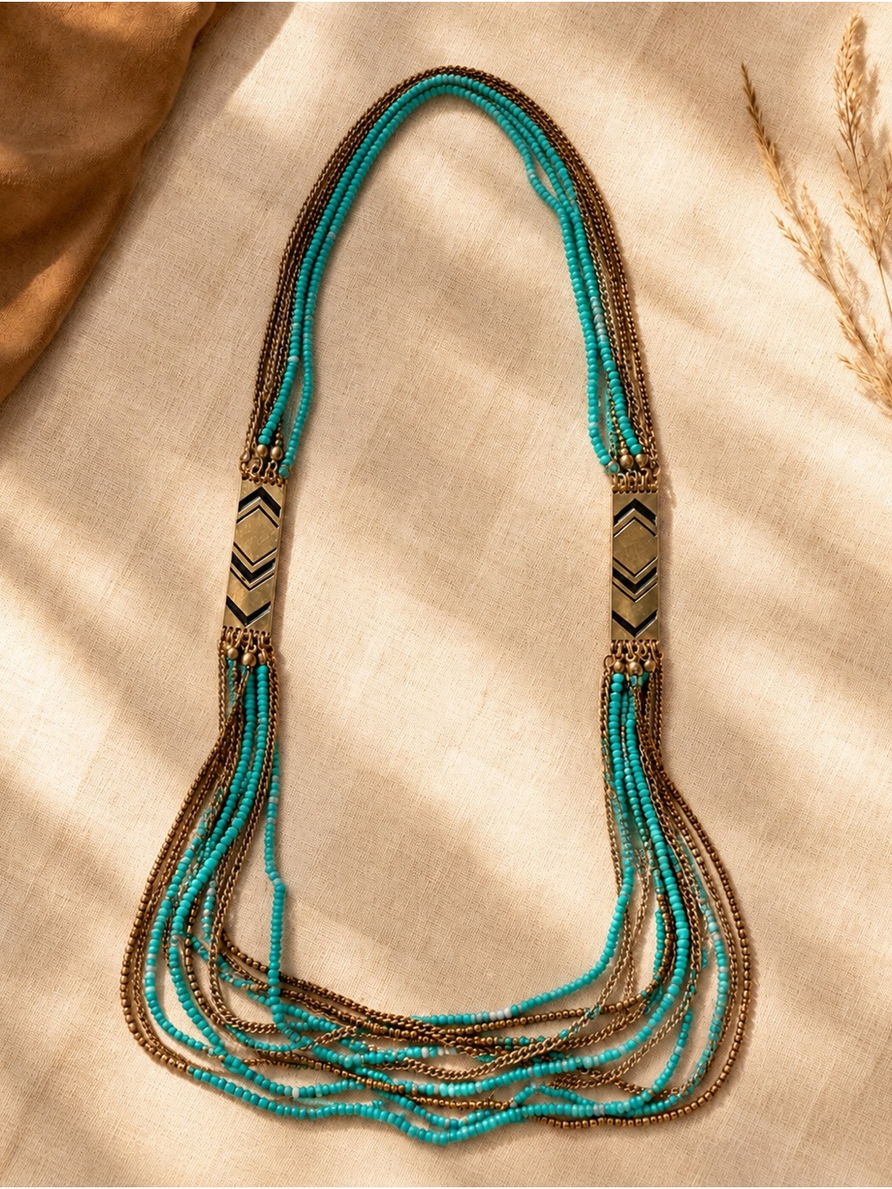 Brass Plum Nordstrom Turquoise Multi Strand Chevron Boho Necklace 32” Boho